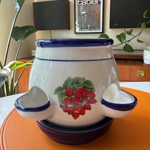 Puede incluir: Una maceta de cerámica blanca para fresas con acabado brillante, que presenta un racimo de fresas rojas y hojas verdes en el frente. La maceta tiene un borde superior ancho, dos bolsillos laterales y una base azul oscuro con ribetes azul marino.
