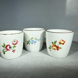 Może przedstawiać: Trzy białe ceramiczne kubki z kwiatowymi wzorami. Każdy kubek ma inny kwiatowy wzór w odcieniach czerwieni, różu, pomarańczy i niebieskiego, z zielonymi liśćmi. Obręcze są obramowane brązową obwódką.