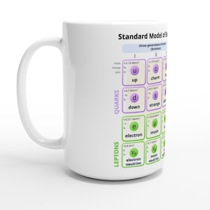 Puede incluir: Taza de cerámica blanca con el diagrama del "Modelo Estándar de las partículas elementales". La taza muestra un gráfico científico con texto y símbolos en verde, morado y blanco. La taza tiene un asa grande y un acabado brillante.
