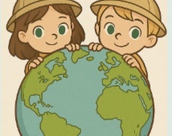 May include: Illustration of two children wearing tan safari hats, smiling and holding a globe. The globe is blue and green, depicting the continents. The children have green eyes and are smiling. The image has a cartoon style.