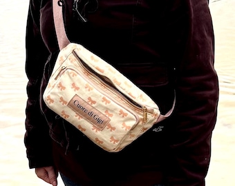 Cotton Canvas Belt Bag, Bow Heart Print, Crossbody Bum Bag, Everyday Wear