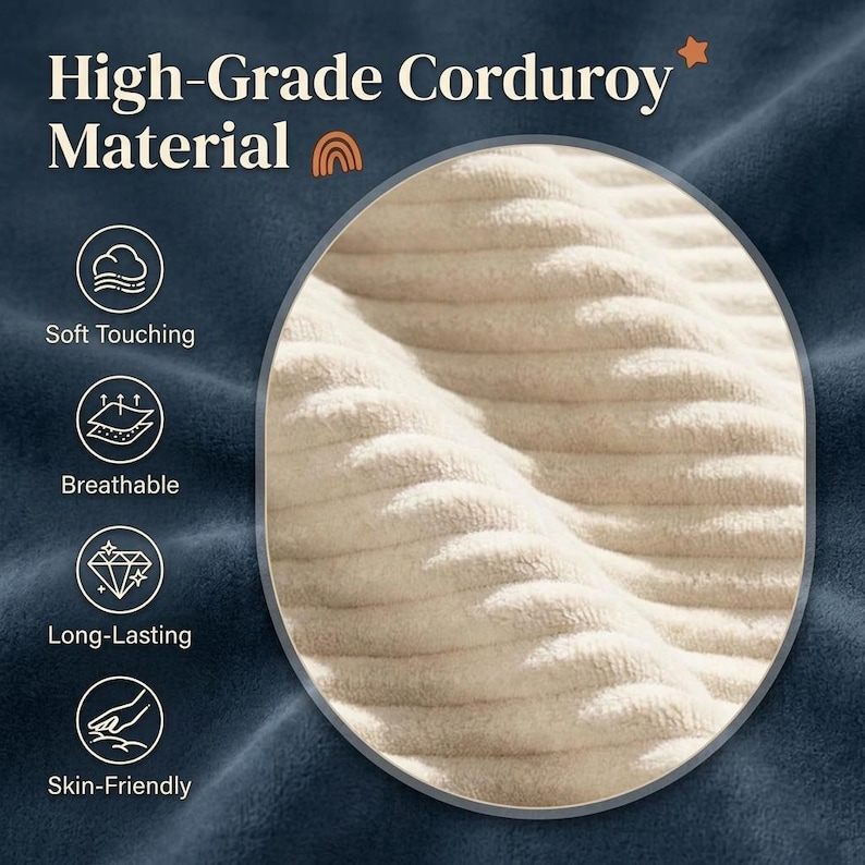 May include: Close-up of a beige corduroy fabric with a ribbed texture. The image highlights the material's softness, breathability, and durability. Text reads "High-Grade Corduroy Material" with icons indicating soft touch, breathable, long-lasting, and skin-friendly.