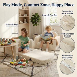 May include: A cream-colored corduroy children's sofa set with two armchairs and a folding ottoman. The set includes a convenient back handle, a multi-purpose pocket, and a removable sofa cover. The text in the image says "Play Mode, Comfort Zone, Happy Place."