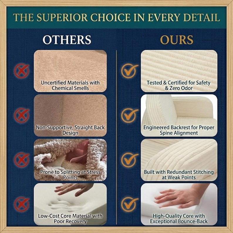 May include: A comparison chart with the text "THE SUPERIOR CHOICE IN EVERY DETAIL". The "OTHERS" side shows uncertified materials, non-supportive design, splitting at stress points, and low-cost core material. The "OURS" side highlights tested safety, spine alignment, redundant stitching, and high-quality core.