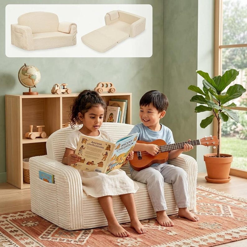 May include: A cream-colored corduroy convertible armchair with a matching ottoman. The armchair has a pocket on the side and is designed for children. The image also shows a child reading a book and another playing a ukulele.