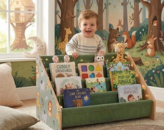 Toddler Montessori Bookshelf 4-Tier Solid Wood Kids Book Organizer Front Facing Nursery Playroom Storage Sage Green Animals Gift For Her
