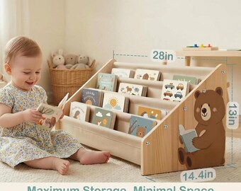 Regał Montessori dla maluchów, 4-poziomowy, z litego drewna, organizer na książki dla dzieci, z przodu, do pokoju dziecięcego, z miejscem do przechowywania, szałwiowo-zielony, zwierzęta, prezent dla niej
