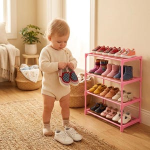 Può includere: Una scarpiera in plastica rosa a quattro ripiani contenente varie paia di calzature per bambini, tra cui scarpe da ginnastica, stivaletti e mocassini. Lo scaffale presenta un design semplice ed è riempito con vari stili di piccole scarpe.