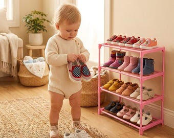 Pink 4Tier Shoe Rack Organizer, Small Space Shoe Storage Shelf, Narrow Closet Shoe Stand, Stackable Shoe Holder for Girls Bedroom & Entryway