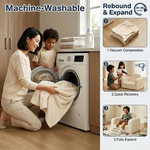May include: A woman and child are shown with a washing machine, loading a cream-colored blanket. The image includes text that reads "Machine-Washable" and "Rebound & Expand." Additional images show the product's vacuum compression, quick recovery, and full expansion.