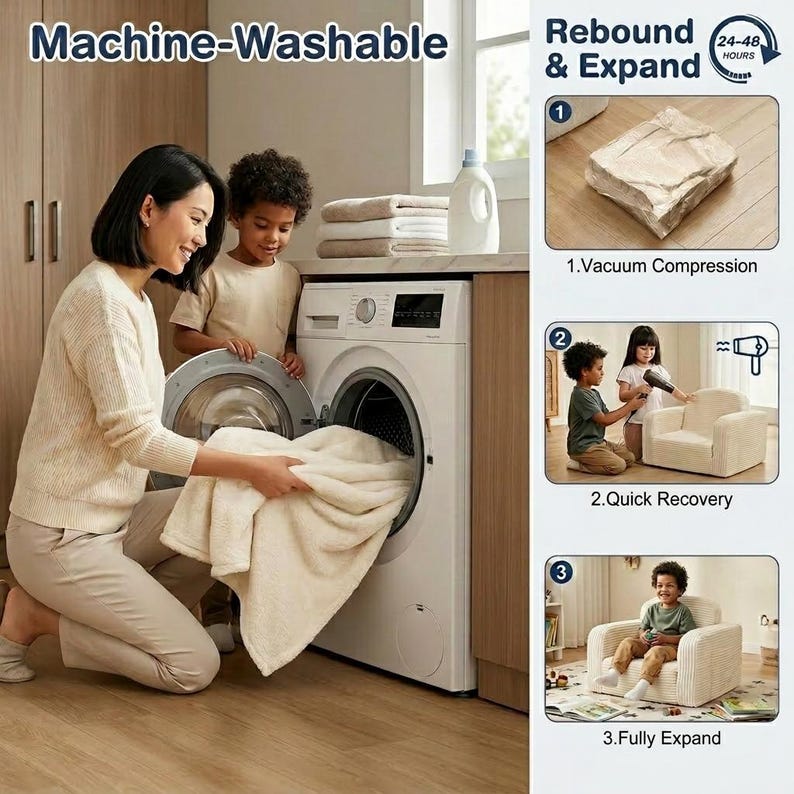 May include: A woman and child are shown with a washing machine, loading a cream-colored blanket. The image includes text that reads "Machine-Washable" and "Rebound & Expand." Additional images show the product's vacuum compression, quick recovery, and full expansion.