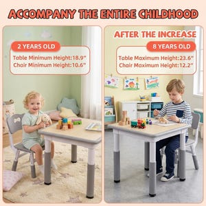 Pode incluir: Um conjunto de mesa e cadeira para crianças com pernas ajustáveis. A altura mínima da mesa é de 48 cm, e a altura mínima da cadeira é de 27 cm. O texto diz "ACOMPANHAR TODA A INFÂNCIA". A imagem mostra uma criança usando a mesa e a cadeira.