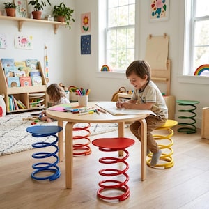May include: A round light-wood table with four stools, each featuring a circular seat supported by a large metal coil spring base. The stools are painted in primary colors: one blue, one red, one yellow, and one green, arranged around the table.