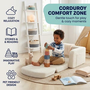 May include: A child plays with wooden blocks on a corduroy play mat and armchair set. The set is beige with white stripes. A book titled "Sleepy Ted" is open nearby. The image also includes a white ladder shelf with decorative items.