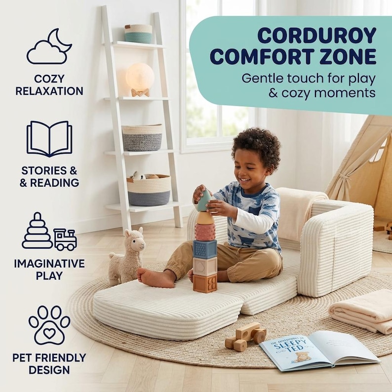 May include: A child plays with wooden blocks on a corduroy play mat and armchair set. The set is beige with white stripes. A book titled "Sleepy Ted" is open nearby. The image also includes a white ladder shelf with decorative items.