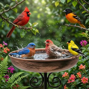 Könnte beinhalten: Eine kupferfarbene Vogeltränke auf einem schwarzen Metallständer mit Schnörkeln. Ein Hüttensänger und ein rotbrauner Hausgimpel baden im Wasser, während ein roter Kardinal, ein orange-schwarzer Pirol und ein gelber Stieglitz auf Ästen sitzen.