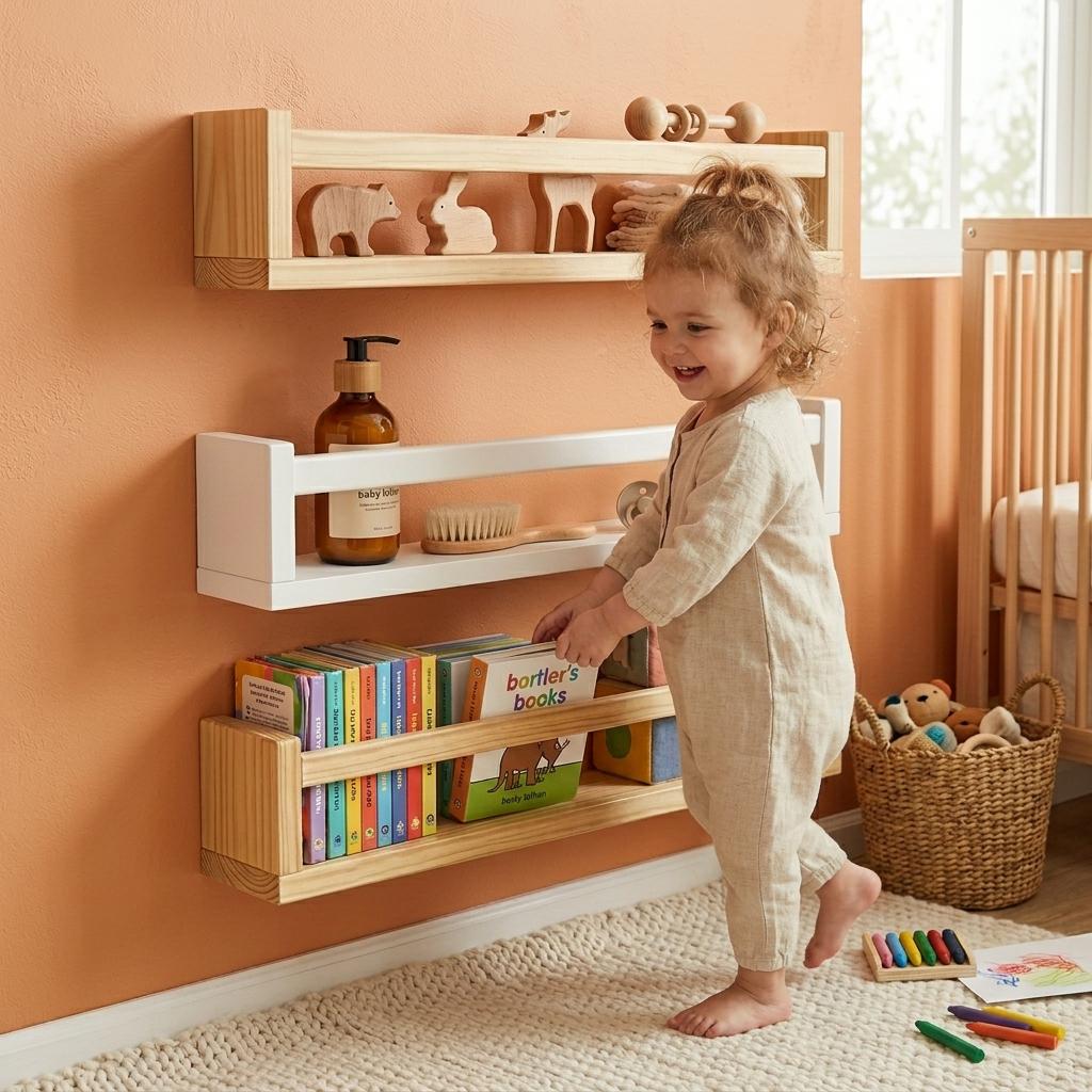 3 Pcs Set Floating Nursery Book Shelves, Natural Wood Wall Bookshelf Kids Room Organizer, Baby Toy Storage Nursery Decor Wall Mounted Shelf