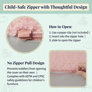 Może przedstawiać: Zamek błyskawiczny zabezpieczony przed dziećmi na r&oacute;żowym, teksturowanym pokrowcu z tkaniny. Grafika zawiera tekst: Child-Safe Zipper with Thoughtful Design, How to Open: 1: Use a paper clip (not included) | 2: Insert into the zipper hole | 3: slide to open.