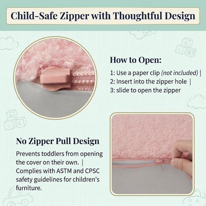 Może przedstawiać: Zamek błyskawiczny zabezpieczony przed dziećmi na r&oacute;żowym, teksturowanym pokrowcu z tkaniny. Grafika zawiera tekst: Child-Safe Zipper with Thoughtful Design, How to Open: 1: Use a paper clip (not included) | 2: Insert into the zipper hole | 3: slide to open.
