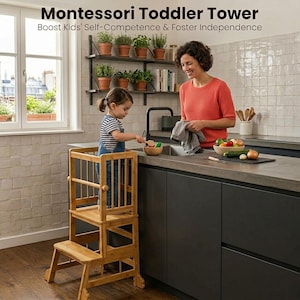 2in 1 Chair Desk Kids Kitchen Step Stool Learning Tower Bamboo Toddler Stand with Safety Rail Anti-Slip Feet Foldable Montessori Adjustable