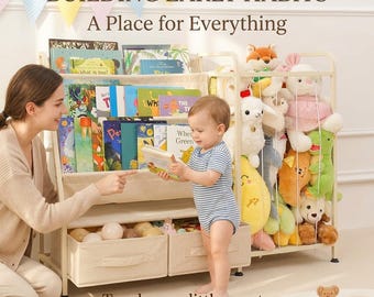 Kids Bookshelf with Toy Storage 3 Tier Montessori Bookcase Sling Book Rack Organizer with Drawers for Nursery Playroom Bedroom Gift For Her