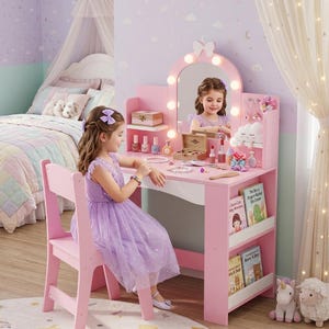 Tavolo da trucco per bambine con luci, set tavolo e sedia da trucco da principessa bianca, scrivania da trucco per bambine con specchio, libreria - mobile contenitore per bambine