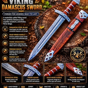 May include: A Viking Damascus sword with a Damascus steel blade, wooden handle, and sheath. The blade has intricate patterns, and the handle and sheath feature Norse engravings. The sword is displayed on a wooden surface.