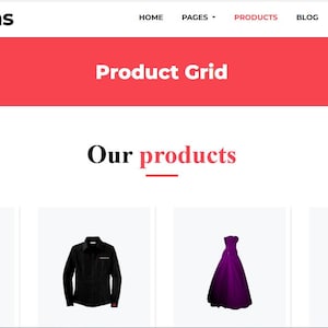 May include: A website header for Famms displaying a product grid with a light blue button-down shirt, a black long-sleeve shirt, a floor-length purple gown, and a short red dress. The navigation menu includes links for home, pages, products, blog, and contact.