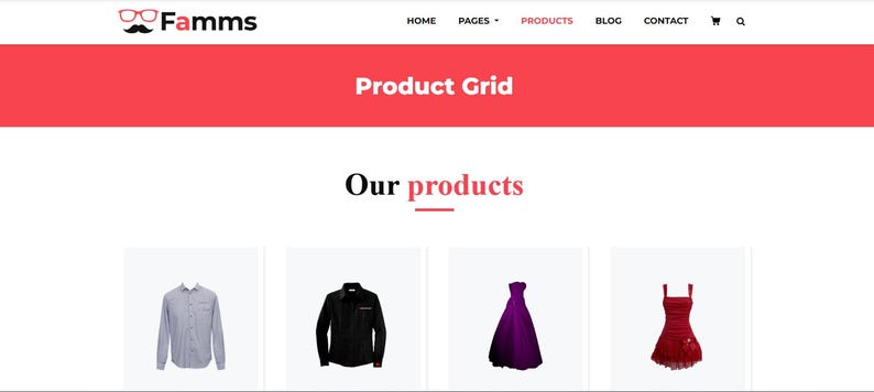 May include: A website header for Famms displaying a product grid with a light blue button-down shirt, a black long-sleeve shirt, a floor-length purple gown, and a short red dress. The navigation menu includes links for home, pages, products, blog, and contact.