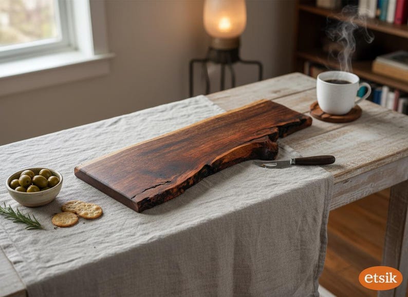 May include: A dark brown wooden serving board with a live edge, displayed on a table with a white tablecloth. A small bowl of olives, crackers, and a cup of coffee are also on the table. A small knife is next to the board.