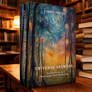 Puede incluir: Una baraja de oráculo titulada "UNIVERSE ANSWERS" con el texto "COSMIC TRUTHS" en la portada. La obra de arte presenta un cielo nocturno estrellado con colores arremolinados y árboles silueteados. La baraja es para la perspicacia y el despertar.