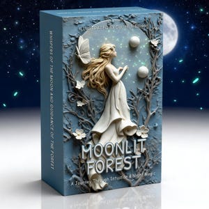May include: A blue box with a 3D relief design. It features a woman in a white dress, butterflies, and the text "MOONLIT FOREST". The box also includes the text "WHISPERS OF THE MOON AND GUIDANCE OF THE FOREST" and "A Journey Through Intuition & Night Magic".
