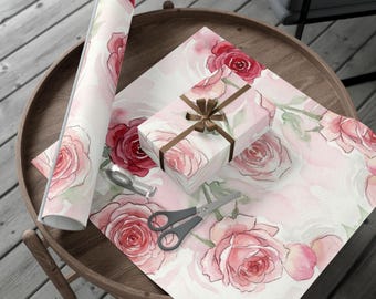 Papel de regalo con rosas rosas inspiradas en acuarela / Rollo de papel de regalo floral