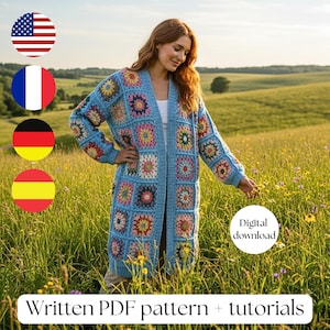 Crochet Pattern Granny Square Cardigan For women Beginner sweater, cozy handmade patchwork jacket, M-XL