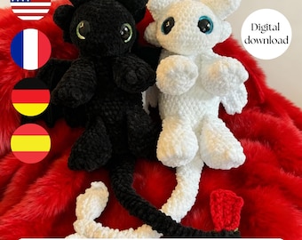 Patrón de crochet para mini dragón de peluche desdentado, inspirado en Furia Nocturna y Furia Luminosa, amigurumi en PDF, juguete de dragón de fantasía.
