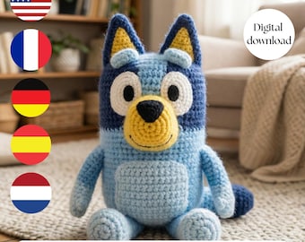 Bluey Crochet Pattern Inspired Blue heeler Dog Amigurumi Toy Multi Language Plush Gift Kids PDF