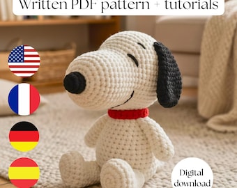 Snoopy Crochet Pattern Inspired Dog Amigurumi Plush Red Collar Multi Language Plush Kids Gift