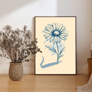 Margherita Botanica Vintage Blu – Stampa Digitale Floreale Minimal | Poster Daisy Line Art | 5 Formati Inclusi (Poster,A4,20x30,30x40,40x50)