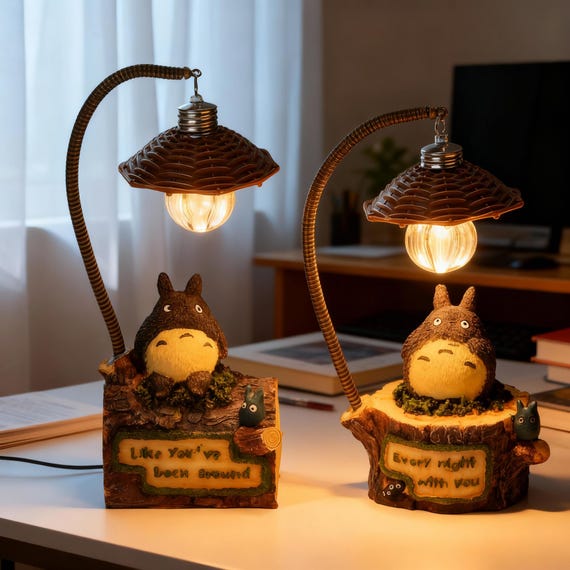 Totoro-Inspired Woodland Tree Lamp Set, Cozy Forest Night Light Decor, Whimsical Resin Table Lamp for Bookshelf, Studio Ghibli Style Gift
