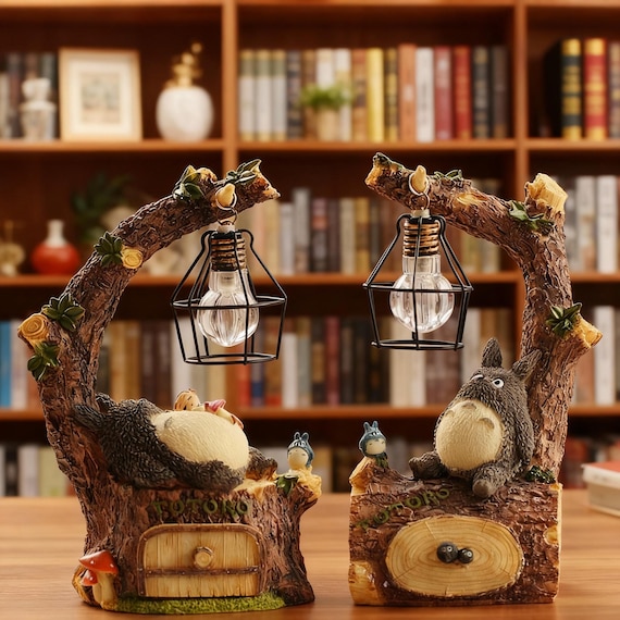 Totoro-Inspired Woodland Tree Lamp Set, Cozy Forest Night Light Decor, Whimsical Resin Table Lamp for Bookshelf, Studio Ghibli Style Gift