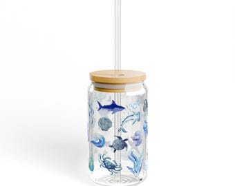 Ocean Life Inspired Sipper Glass, Gifts for Ocean Lovers, Clear Drinkware, Home Decor,