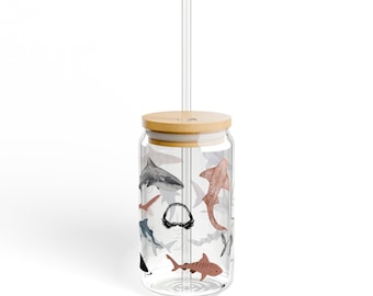 Shark -Themed Sipper Glass, 16oz - Perfect for Shark Lovers, Beach Parties, Summer Picnics, Gift for Ocean Enthusiasts, Unique Drinkware