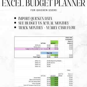 May include: An Excel budget planner for Quicken users, with sections for importing data, comparing budget vs. actual monthly, and tracking cash flow. The spreadsheet includes tables for income, expenses, and budget comparisons.