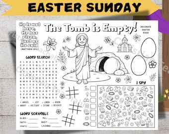 Easter Activity Placemat Kids | Resurrection Story Printable Game | Christian Easter Worksheet PDF | Word Search I I Spy I Coloring Pages