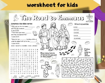 Road to Emmaus Activity Placemat PDF  Bible Activity Sheet for Kids Christian Printable A4 US Letter Wordsearch Maze