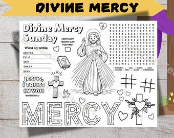 Divine Mercy Sunday Activity Placemat | Catholic Kids Printable | Religious Worksheet PDF A4 US Letter | Word Search Maze Coloring