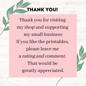 May include: A pink rectangular graphic with the text "THANK YOU!" and a message of appreciation for visiting the shop and supporting the small business. Green leaf illustrations frame the text.