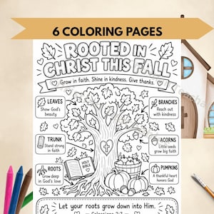 May include: A black and white colouring page titled Rooted in Christ This Fall featuring a large tree with a heart and cross, a Bible, pumpkins, and leaves. The text includes Grow in faith, Shine in kindness, Give thanks, and Colossians 2:7.