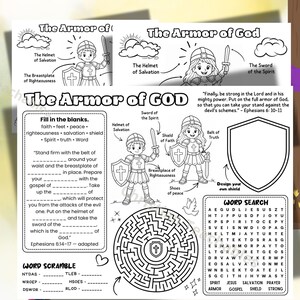 Puede incluir: Una hoja de actividades imprimible en blanco y negro titulada The Armor of God con ilustraciones de dos caballeros, una sección para completar con el texto de Efesios 6:10-17, un laberinto circular, un escudo para diseñar y una sopa de letras.