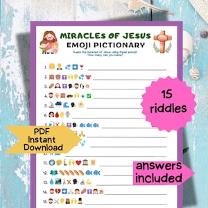 Może przedstawiać: Drukowana gra PDF zatytułowana "Miracles of Jesus Emoji Pictionary". Gra zawiera 15 zagadek z emoji, z dołączonymi odpowiedziami. Projekt zawiera krzyż, ilustracje i tekst "PDF Natychmiastowe pobieranie."